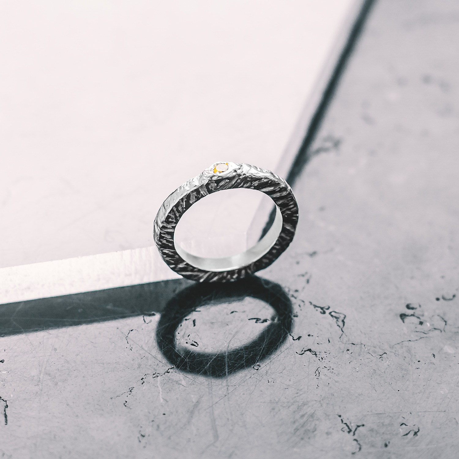 Thin Textured Band Gemstone Ring
