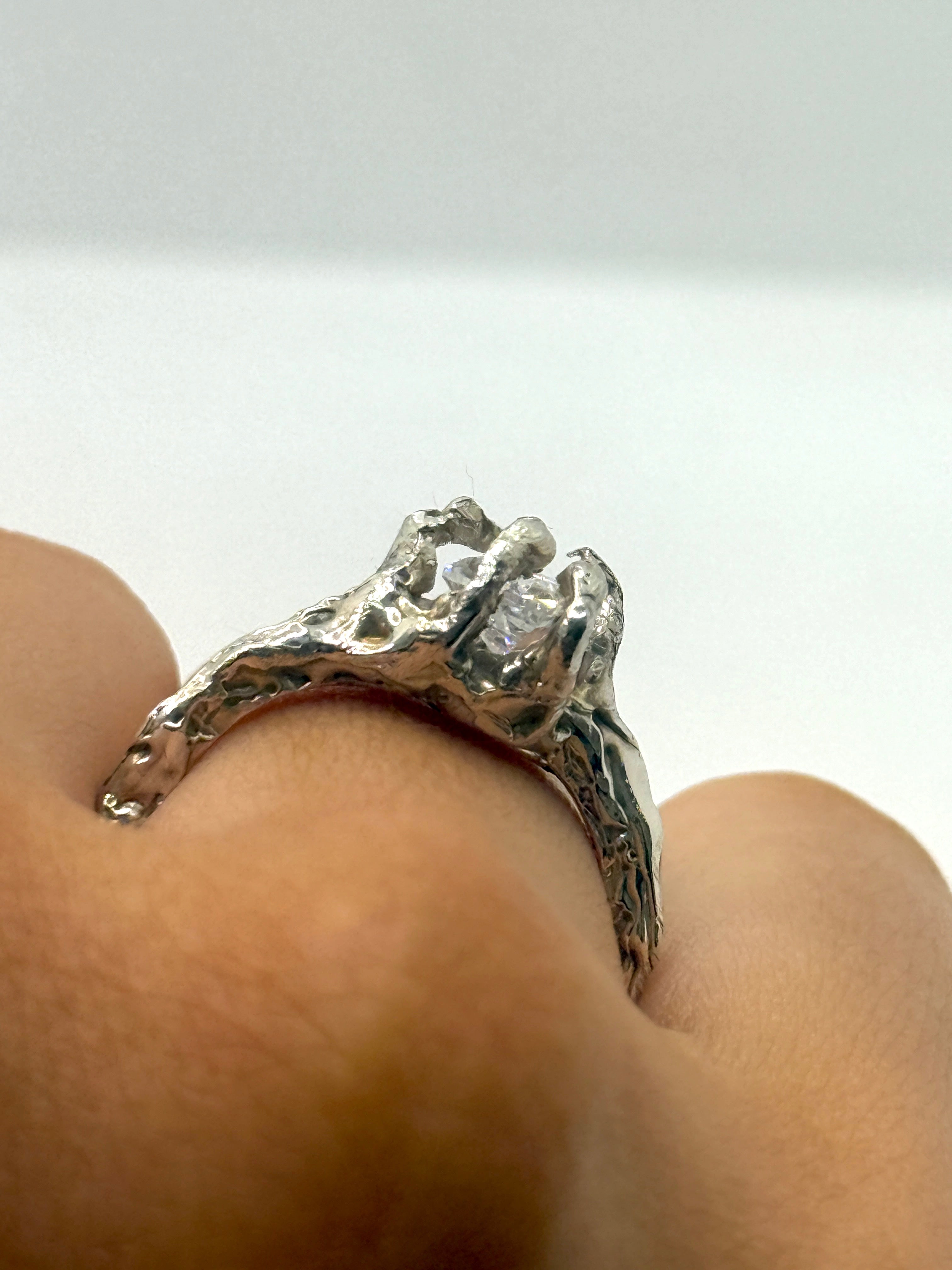 Clear Pearl Gemstone Claw Setting Ring - Melted Adjustable Band - 925 ...
