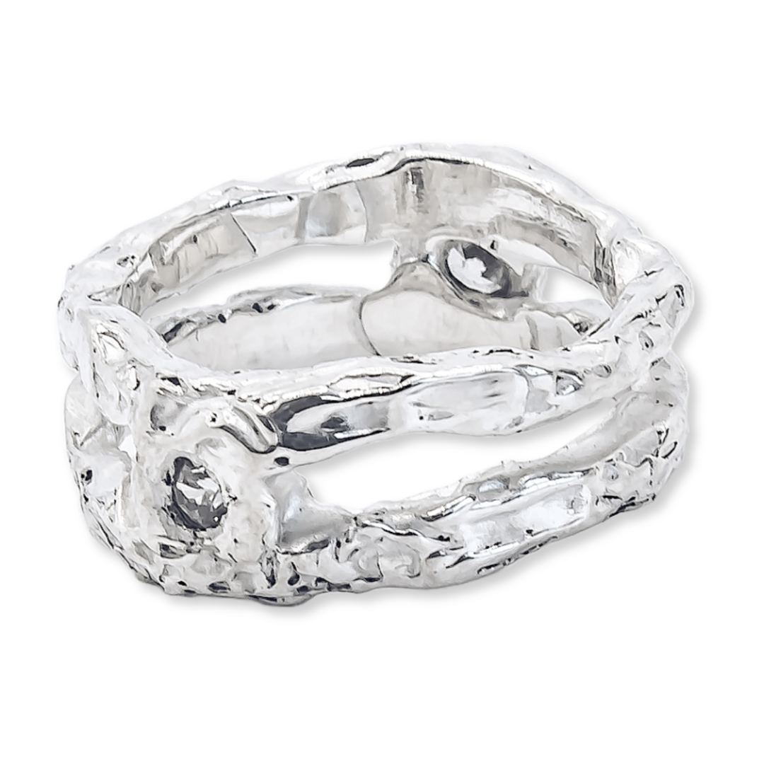 Dual Band Textured Clear Gemstone Ring – 925 Sterling Silver | Handcra ...
