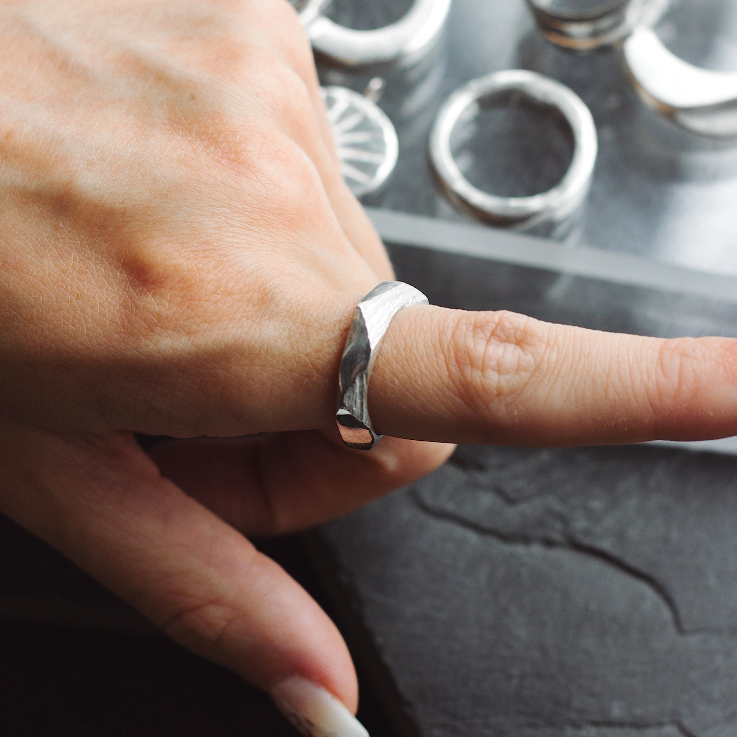 Geometric Textured Band Ring - 925 Sterling Silver