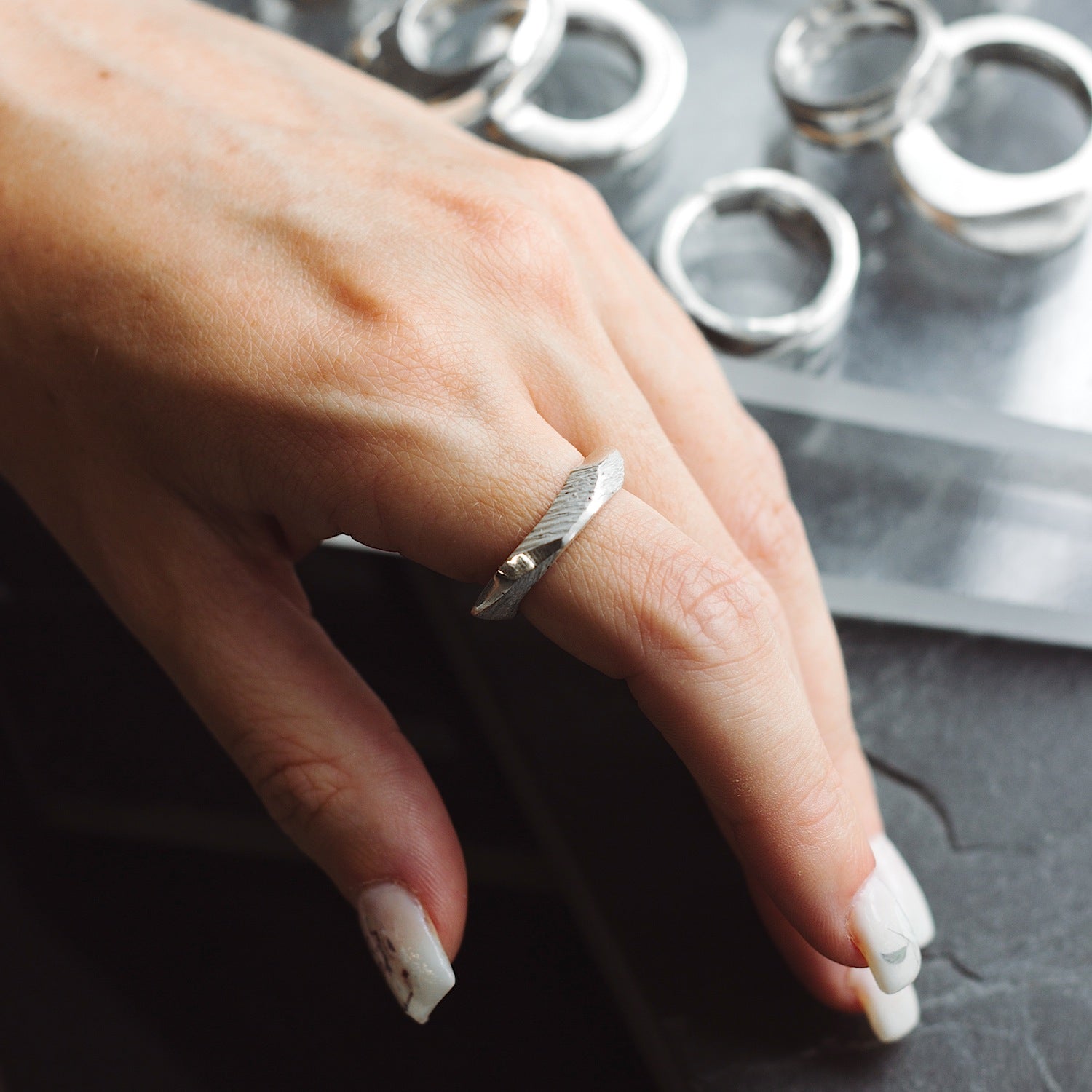 Geometric Textured Band Ring - 925 Sterling Silver