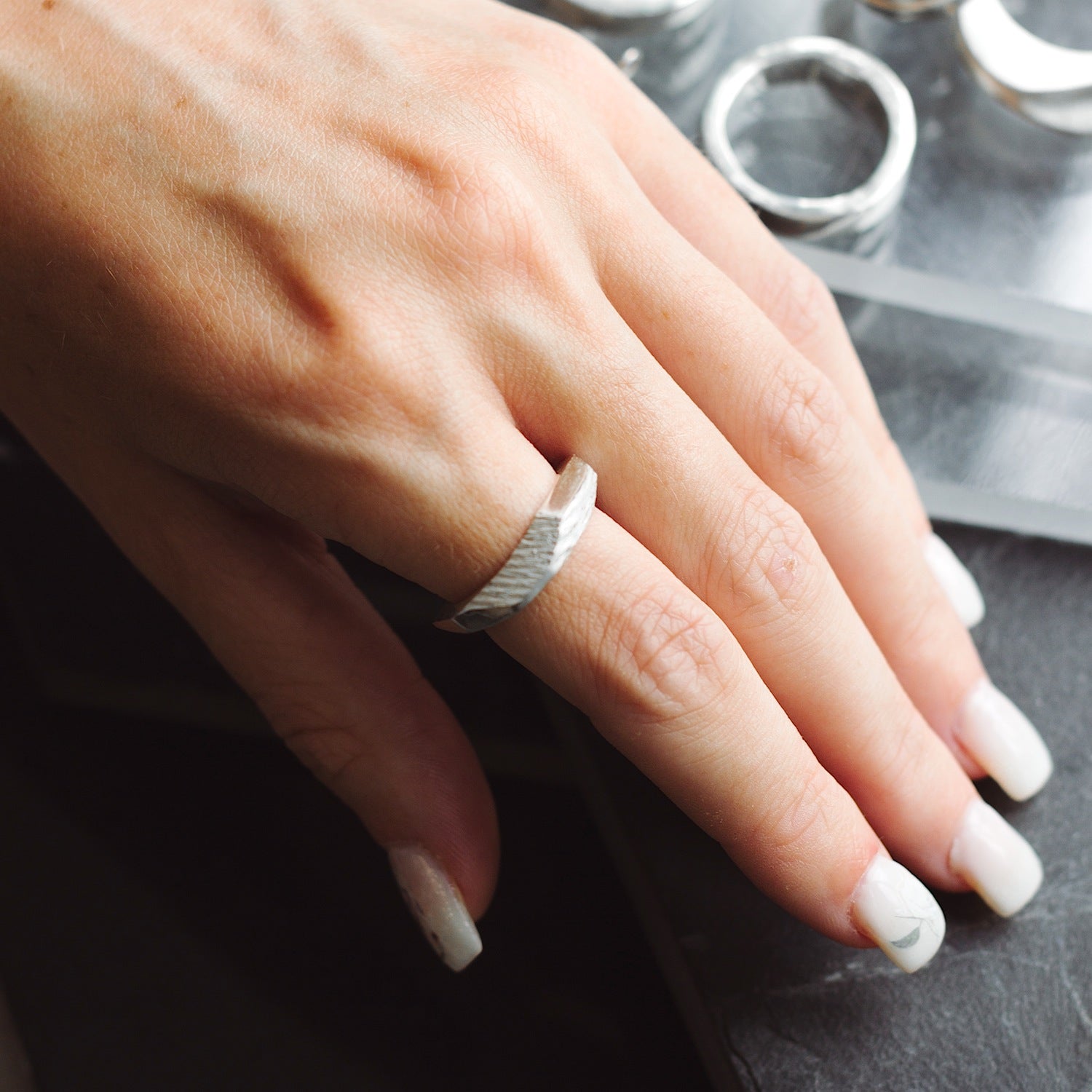 Geometric Textured Band Ring - 925 Sterling Silver
