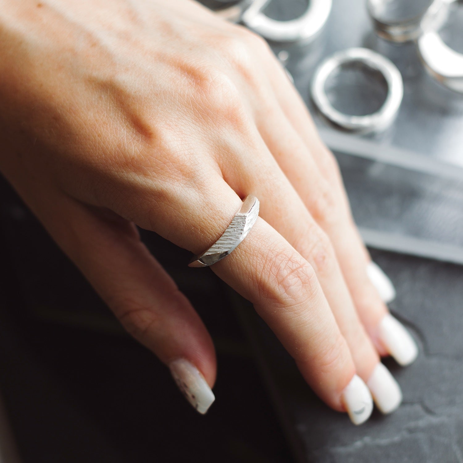 Geometric Textured Band Ring - 925 Sterling Silver