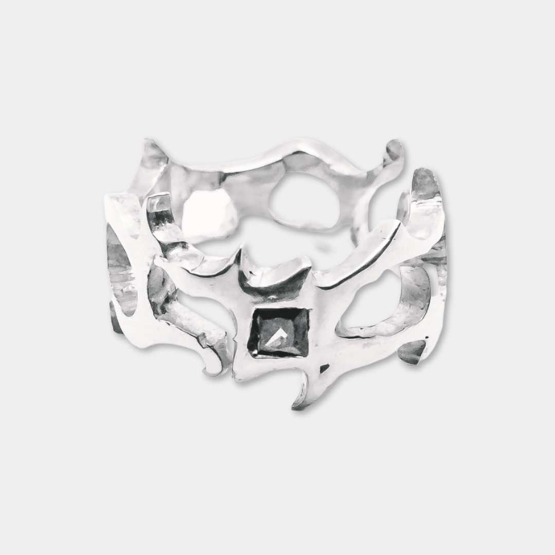 Neo-Tribal Amber Gemstone Band Ring - 925 Sterling Silver