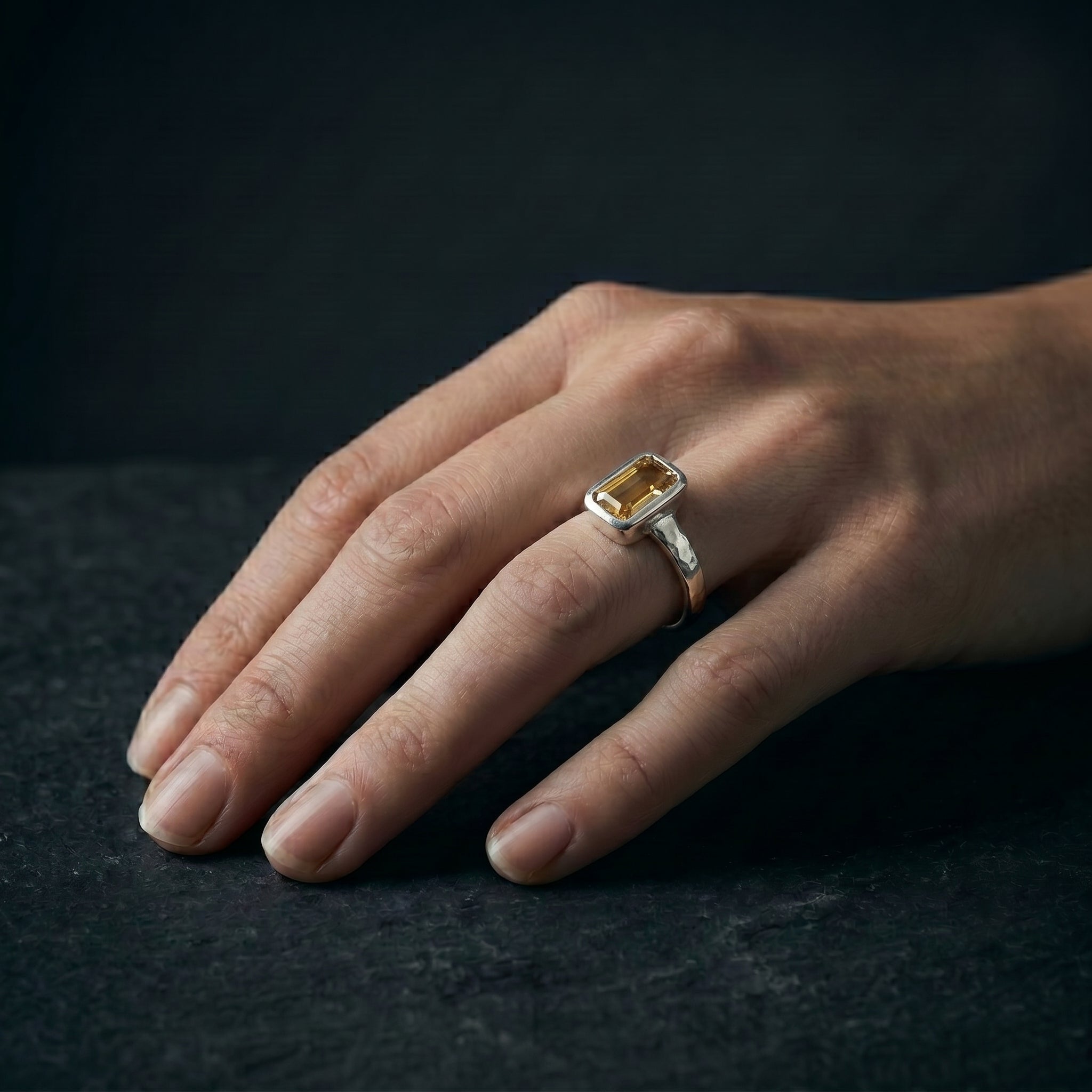 Rectangular Yellow Gemstone Band Ring - Handcrafted - 925 Sterling Sil ...