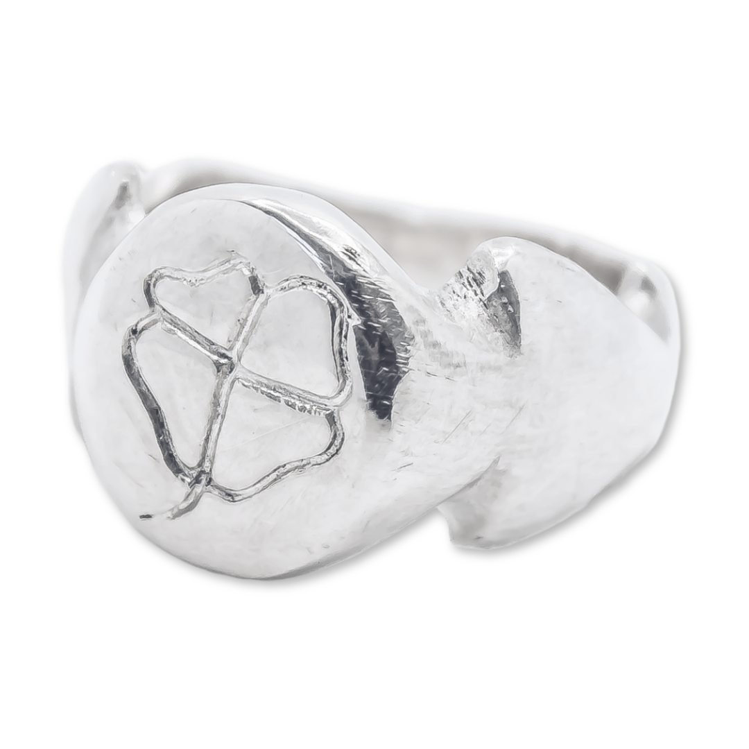 Shamrock Four Leaf Clover Signet Ring - 925 Sterling Silver - Handcrafted
