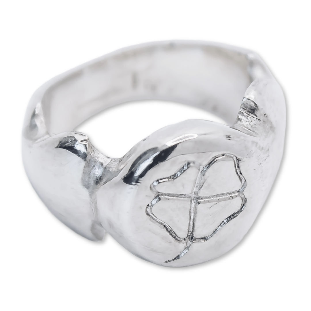 Shamrock Four Leaf Clover Signet Ring - 925 Sterling Silver - Handcrafted