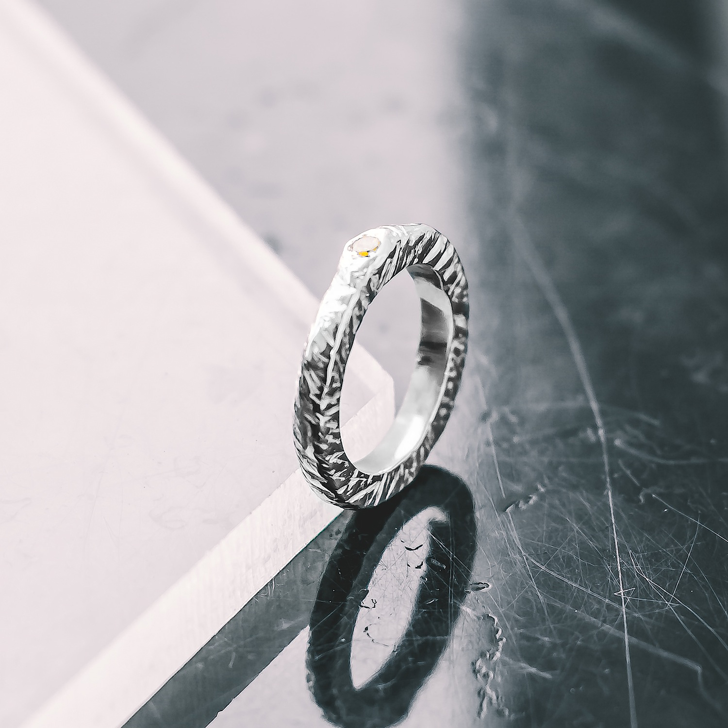 Thin Textured Band Gemstone Ring